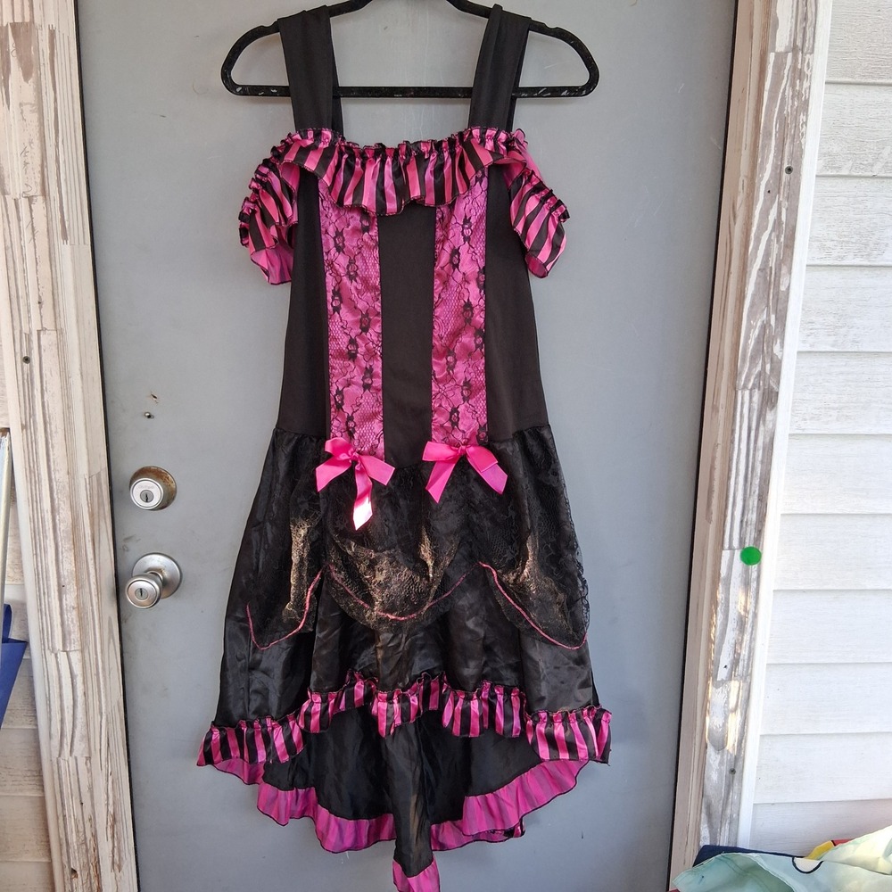 Gothic Victorian Dress Black Pink Lace Cancan Burlesque Halloween Costume L